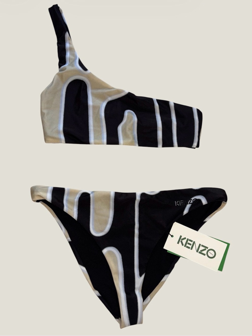 Kenzo Black and Cream One Shoulder Abstract Bikini Top and Bottom